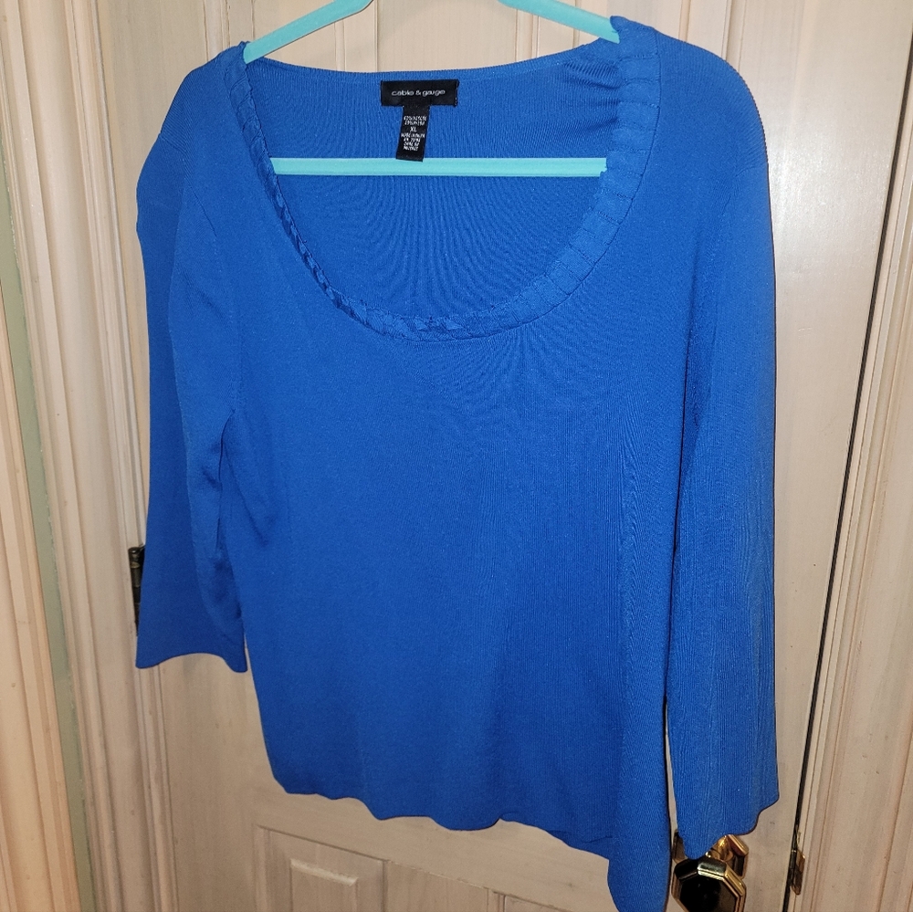 Misses Sz XL Cable & Gauge Knit Royal Blue Sweater Ruffled Edge